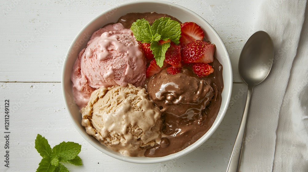 Delicious Triple Scoop Ice Cream Sundae with Strawberries and Mint Delicious Triple Scoop Ice Cream Sundae with Strawberries and Mint