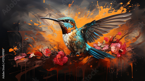 a hummingbird painting a colorful mural with its beak, splashing vivid colors in a dynamic