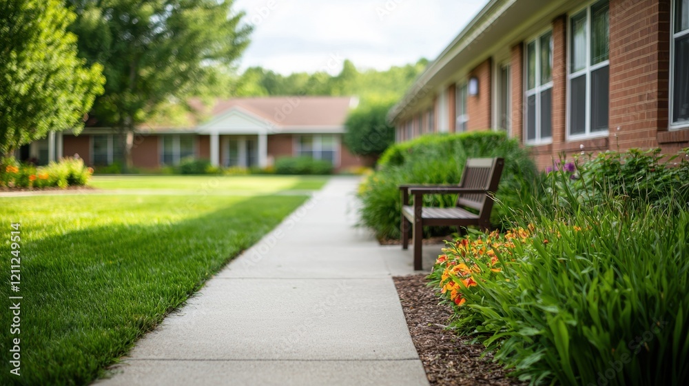 Fototapeta premium Serene Pathway Garden Walk Bench Flowers and Green Lawn