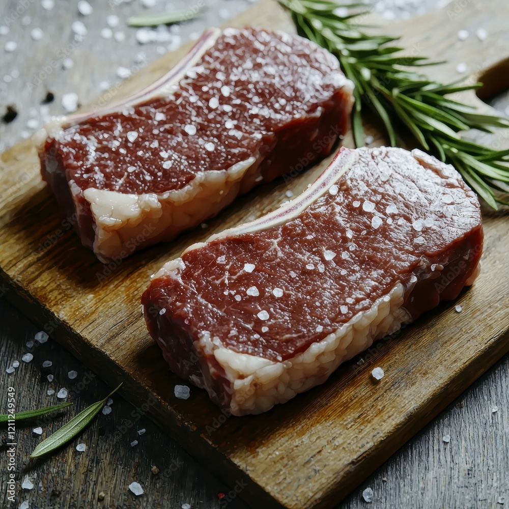 Raw Marbled Steaks Salt Rosemary Wooden Board Gourmet Food Photography Raw Marbled Steaks Salt Rosemary Wooden Board Gourmet Food Photography