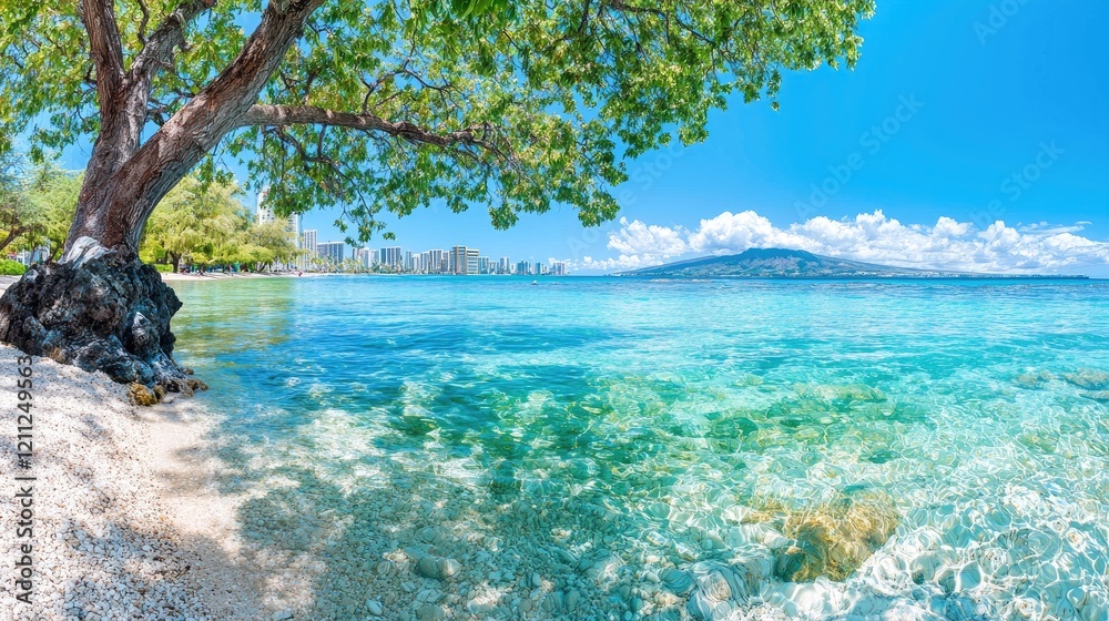 Tropical beach, clear water, city skyline, relaxing vacation Tropical beach, clear water, city skyline, relaxing vacation