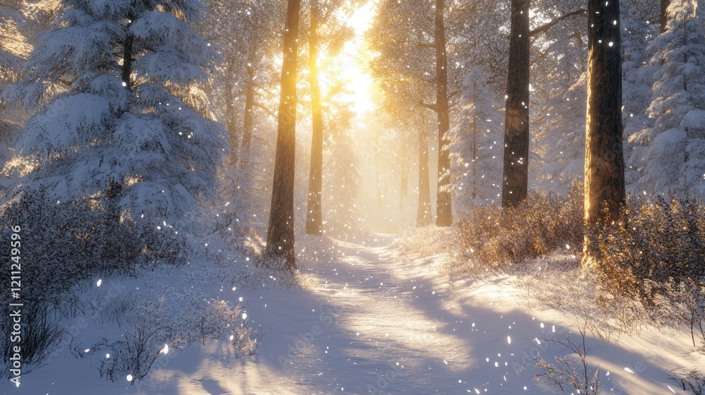 Naklejka premium A snowy forest trail in Niseko untouched by human presence, with sunlight streaming through tall trees and creating sparkling reflections on the snow, hyperrealistic 4K