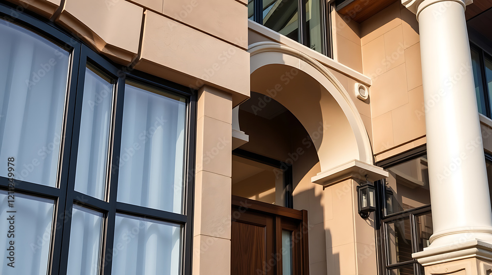 Fototapeta premium Elegant Home Exterior: Modern Architecture with Classic Design Elements. Luxury Real Estate, Beige Facade, Arch Entrance, and Stone Columns.
