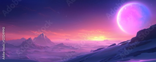 A stunning digital landscape featuring a colorful sunset, distant mountains, and a large, vibrant planet looming above a snowy horizon.