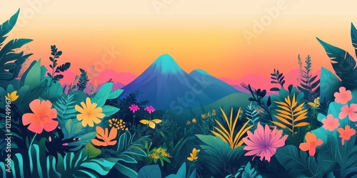 Vibrant Tropical Flowers Before a Majestic Mountain Sunset