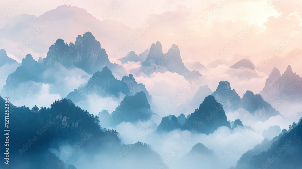 An abstract hand-painted Chinese scene with towering peaks shrouded in mist and layered clouds, set against a soft gradient sky, ultra-clear 4K