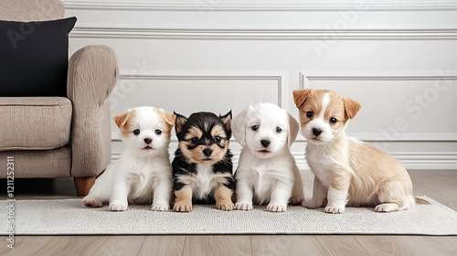 Four adorable puppies of different breeds sitting on a rug in a cozy living room setting photo