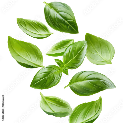 A bunch of green leaves are scattered in the air