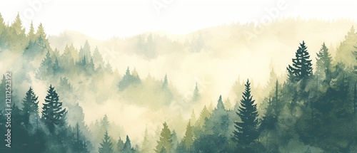 Watercolor painting of a green pine forest with foggy mountains in the background, faded colors, on a white background, serene and natural landscape.