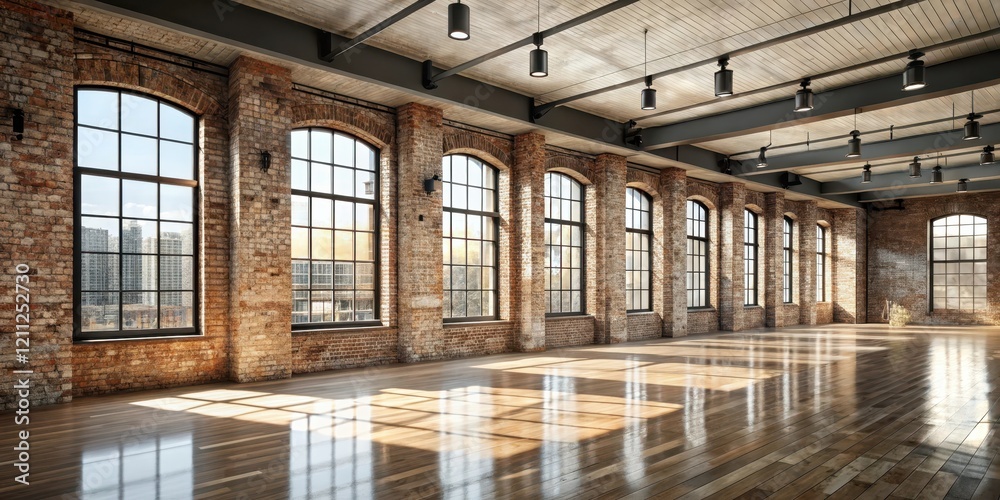Spacious industrial loft with expansive windows and polished wooden floors bathed in sunlight Spacious industrial loft with expansive windows and polished wooden floors bathed in sunlight
