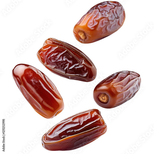 A bunch of dried fruit, including dates, are shown in the air