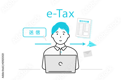 オンラインで確定申告を行う若い男性のイラスト