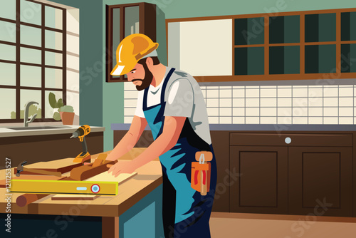 Carpenter Making Kitchen Cabinet at Home Construction Vector Illustration