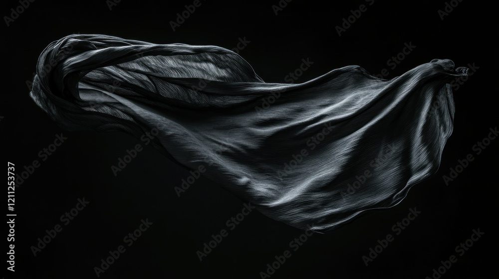 Naklejka premium Dramatic black flying cloth appearing to float naturally, with bold textures and flowing forms isolated on a deep black background, highly detailed 4K