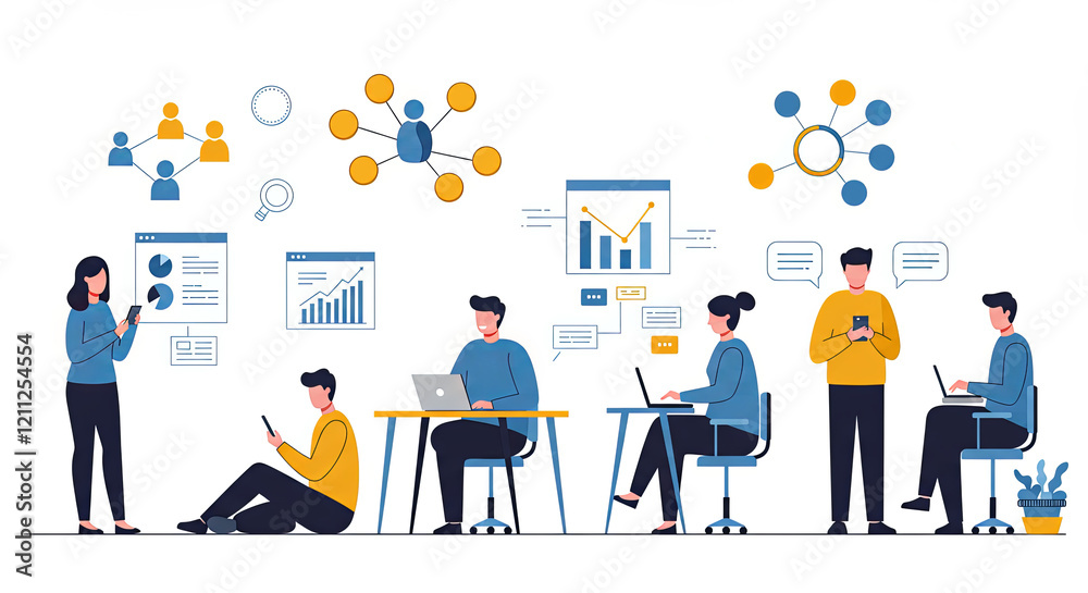 People working on laptops in an office, surrounded by icons representing finance. Illustration People working on laptops in an office, surrounded by icons representing finance. Illustration