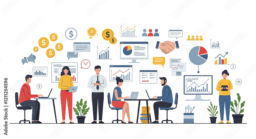 People working on laptops in an office, surrounded by icons representing finance. Illustration People working on laptops in an office, surrounded by icons representing finance. Illustration
