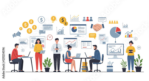 People working on laptops in an office, surrounded by icons representing finance. Illustration