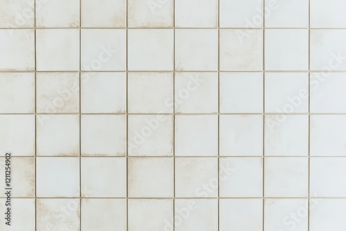A textured wall of square tiles in muted colors, displaying variations in cleanliness and wear, creating a rustic and aged appearance.