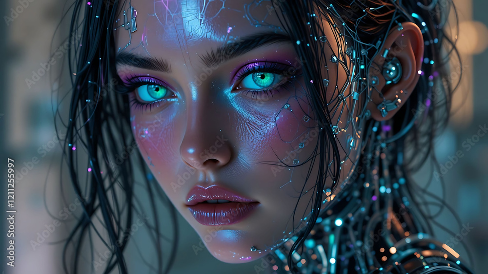 Futuristic woman with cyberpunk makeup and tech enhancements Futuristic woman with cyberpunk makeup and tech enhancements
