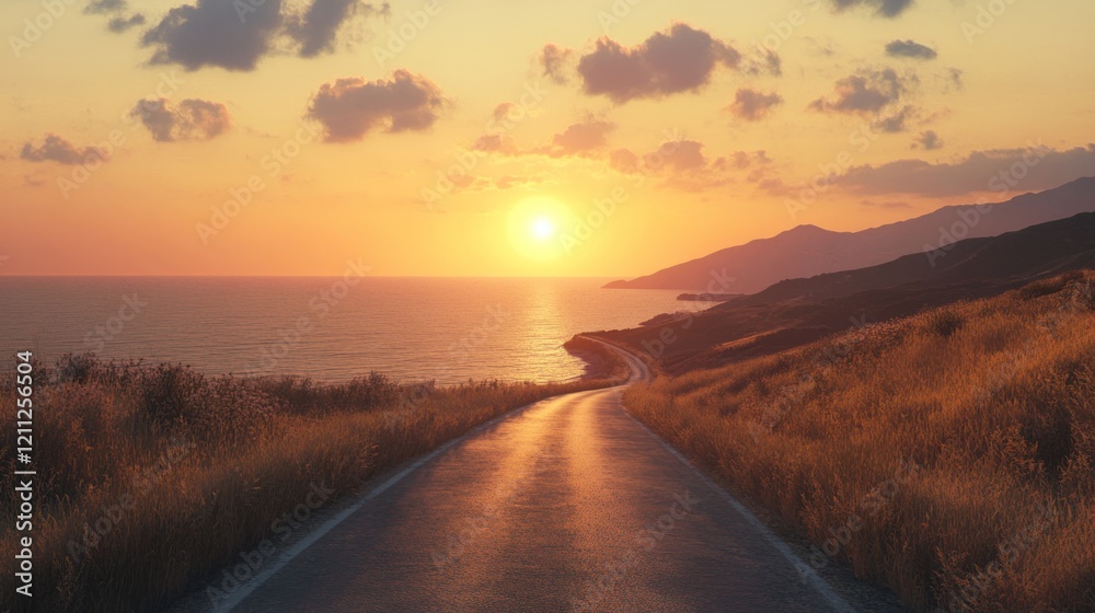 Golden Hour Drive Along a Coastal Road with a Sunset Over the Ocean and Distant Mountains Golden Hour Drive Along a Coastal Road with a Sunset Over the Ocean and Distant Mountains
