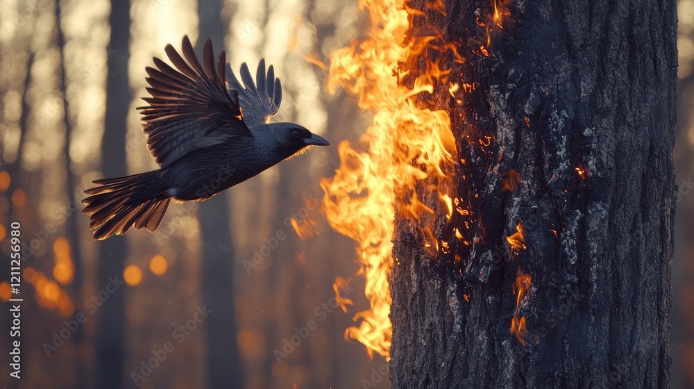 Fototapeta premium Bird soaring past a burning tree in a forest fire