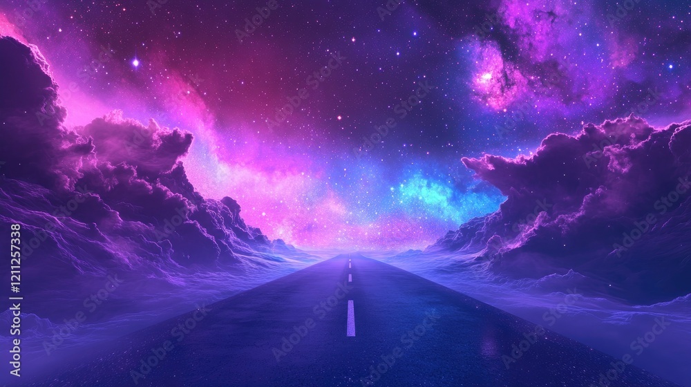 Empty road stretching under a vivid galaxy view with purples, blues, and shimmering starlight. Empty road stretching under a vivid galaxy view with purples, blues, and shimmering starlight.