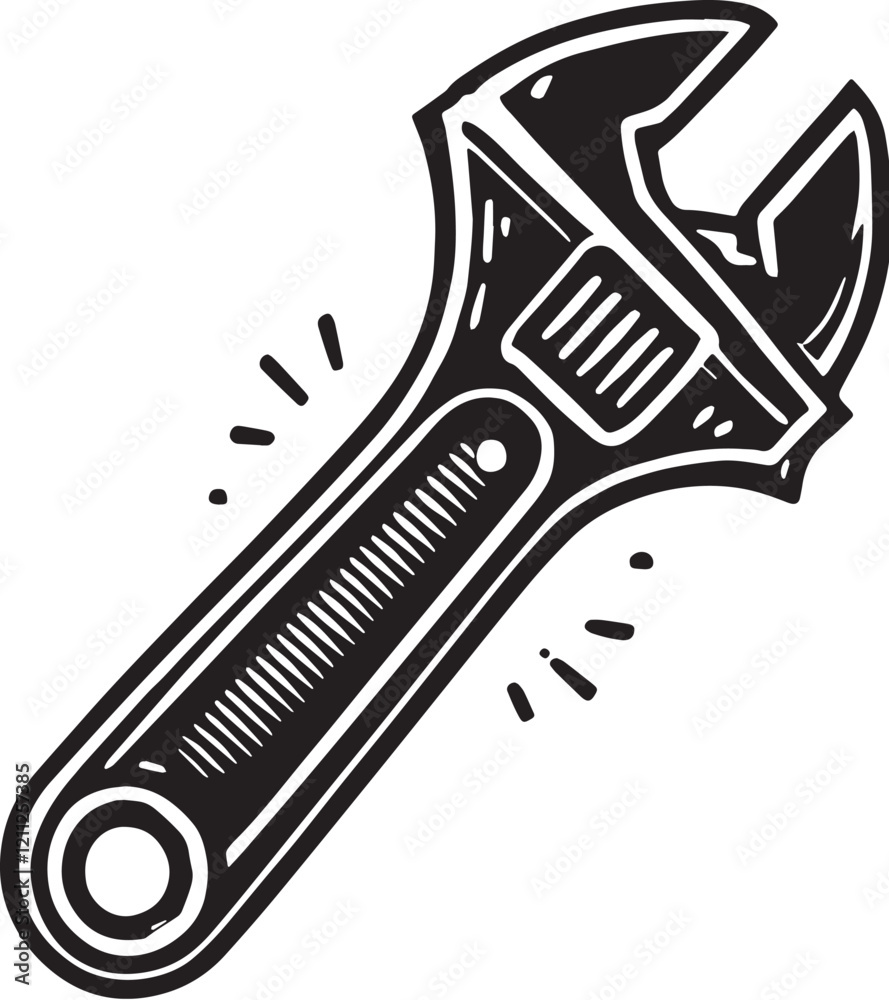 Obraz premium Black Color Adjustable Wrench Silhouette Vector Illustration, Solid White Background. minimal vector design