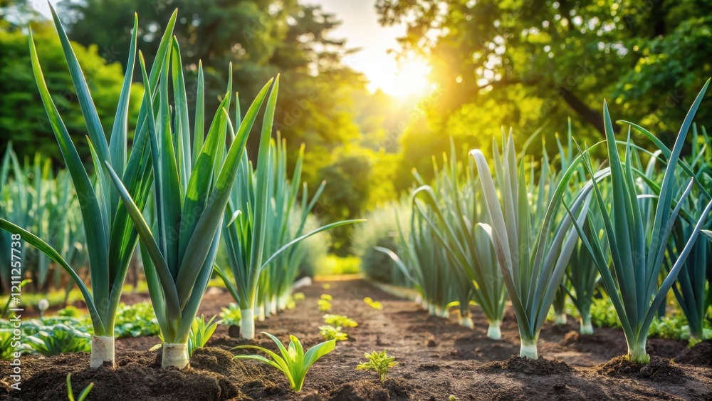 Obraz premium Vibrant Green Leek Plants Growing in a Lush Garden Bed at Sunset