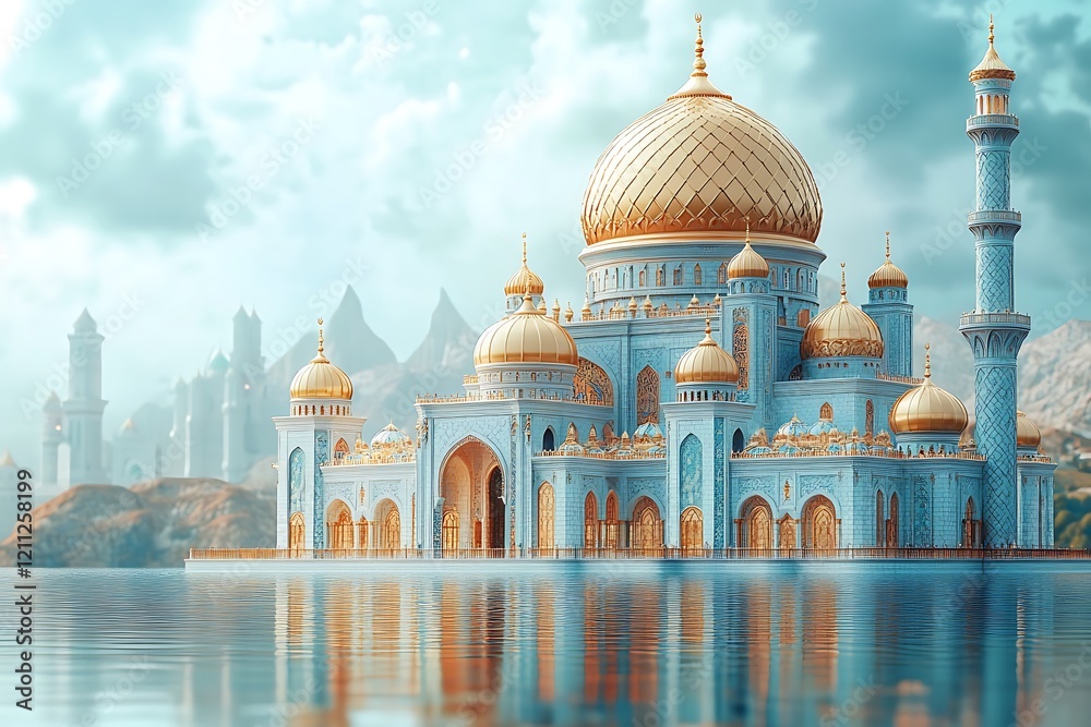 Obraz premium Islamic decoration background for Ramadan with lantern and mosque 3D rendering. 3D Illustration