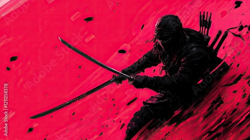 Dynamic ninja warrior poised for action with dual swords