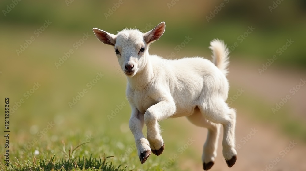 Fototapeta premium Baby goat mid-leap, legs stretched, hovering above the ground with a playful expression, in a sunny farm setting.