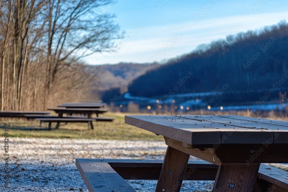 Serene Outdoor Landscape Featuring Wooden Picnic Tables by a Calm Riverbank Surrounded by Scenic Nature and Majestic Hills in Early Morning Light Serene Outdoor Landscape Featuring Wooden Picnic Tables by a Calm Riverbank Surrounded by Scenic Nature and Majestic Hills in Early Morning Light