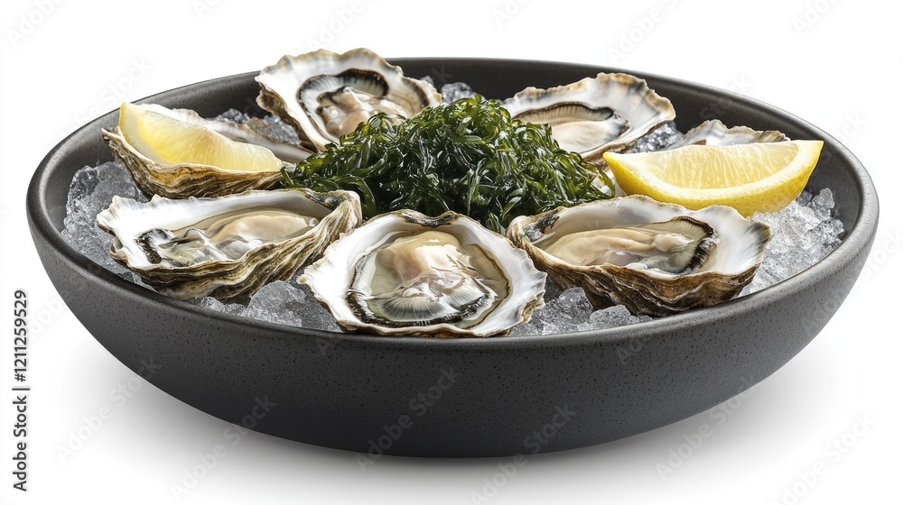 Fresh oysters on ice with lemon wedges and seaweed. Healthy seafood. Gourmet delicacy. Fresh oysters on ice with lemon wedges and seaweed. Healthy seafood. Gourmet delicacy.