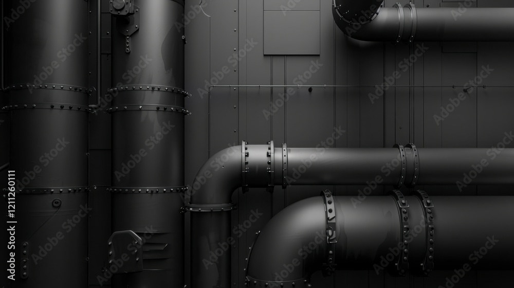 Industrial Pipe System on Dark Wall in Modern Environment, Featuring Curved and Straight Pipes with Metallic Finish and Riveted Joints, Ideal for Industrial-themed Projects Industrial Pipe System on Dark Wall in Modern Environment, Featuring Curved and Straight Pipes with Metallic Finish and Riveted Joints, Ideal for Industrial-themed Projects