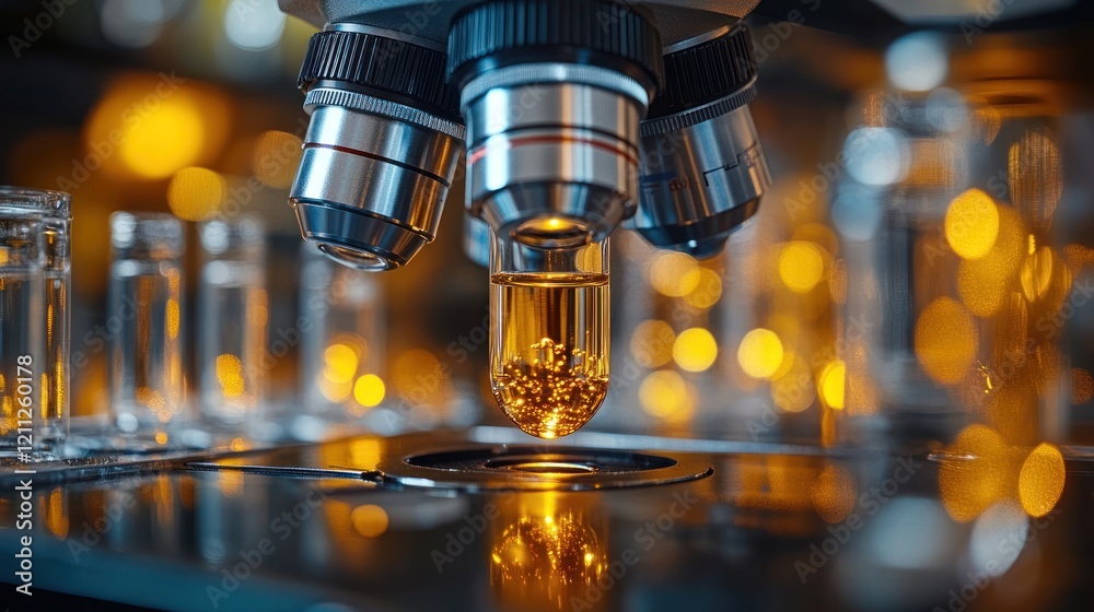 Close-up of a microscope examining a vial with golden particles, set in a laboratory with blurred glassware Close-up of a microscope examining a vial with golden particles, set in a laboratory with blurred glassware