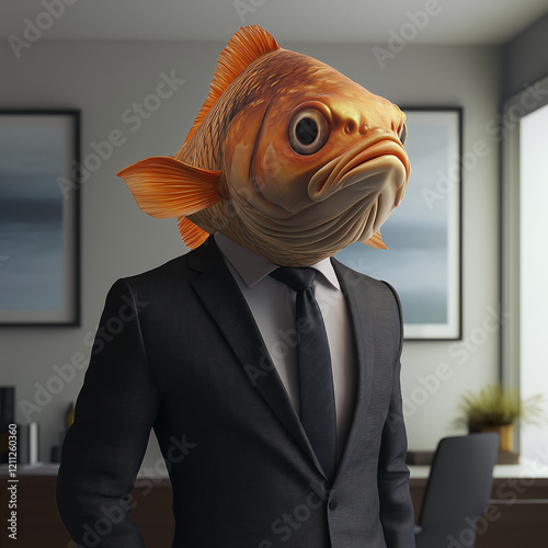 Surreal business meeting with fish-headed executive modern office digital art creative workspace unique perspective absurdity in corporate culture