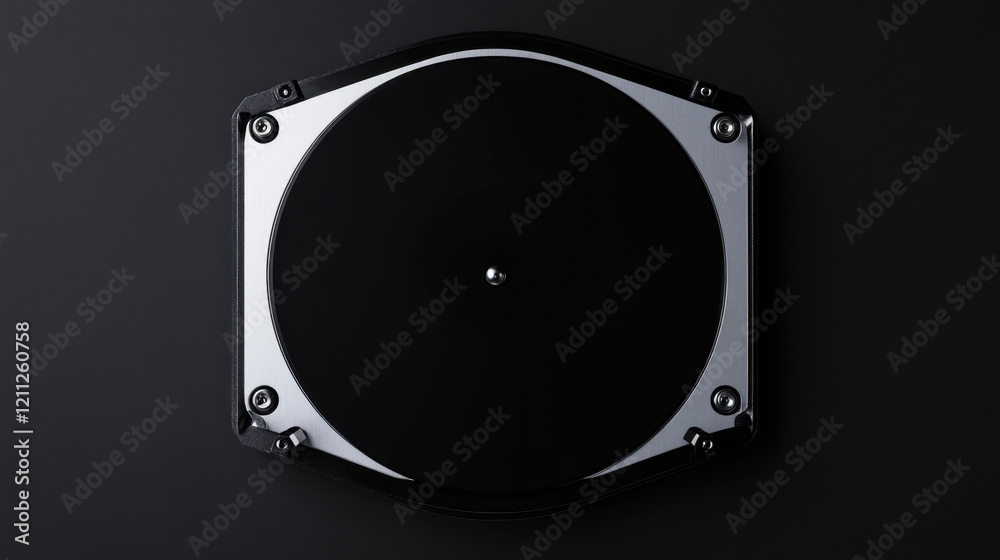 Black and white top view of vinyl record player on black background Black and white top view of vinyl record player on black background