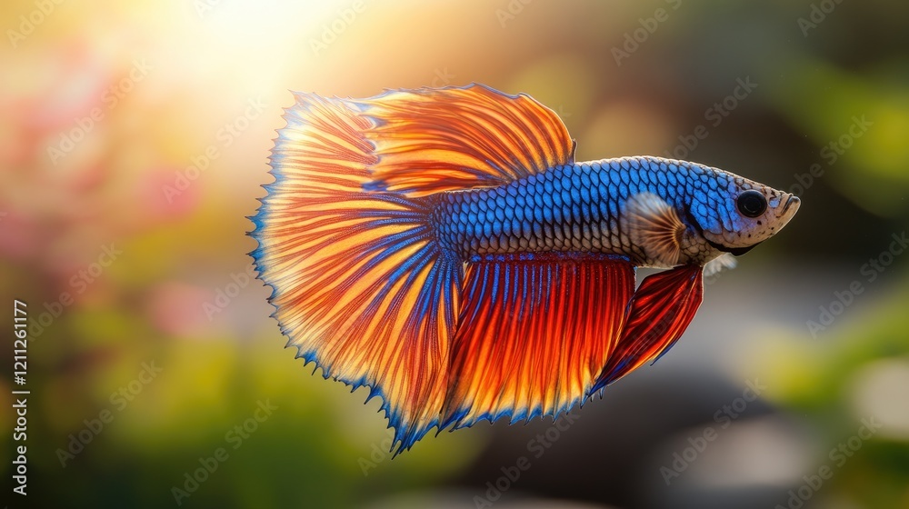 Fototapeta premium Vibrant betta fish swimming gracefully in sunlight