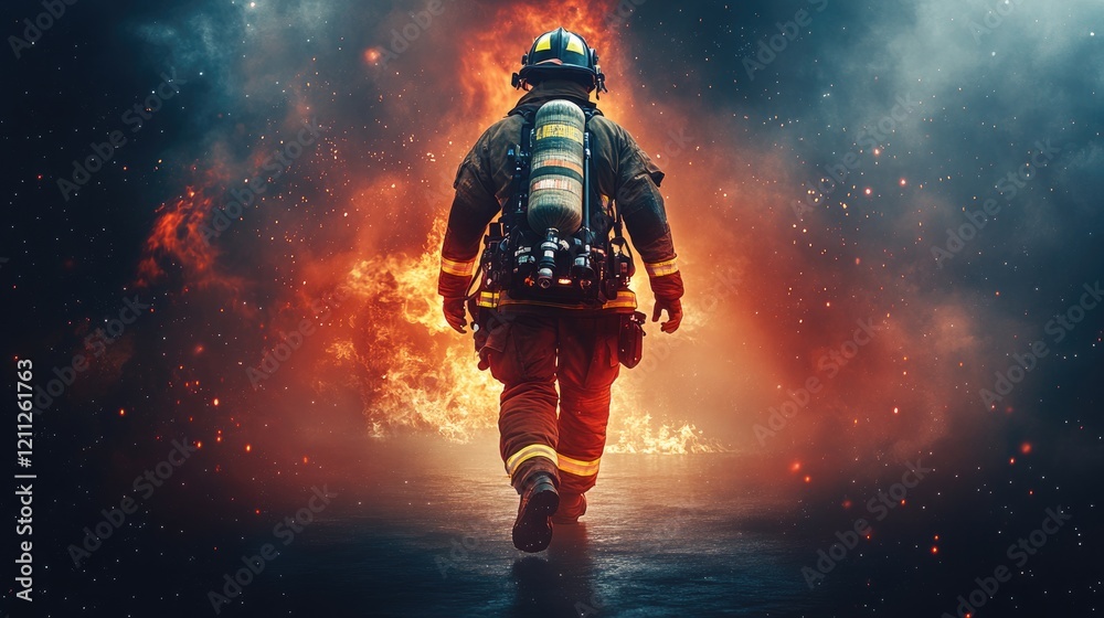 Fototapeta premium Brave firefighter entering a blazing inferno