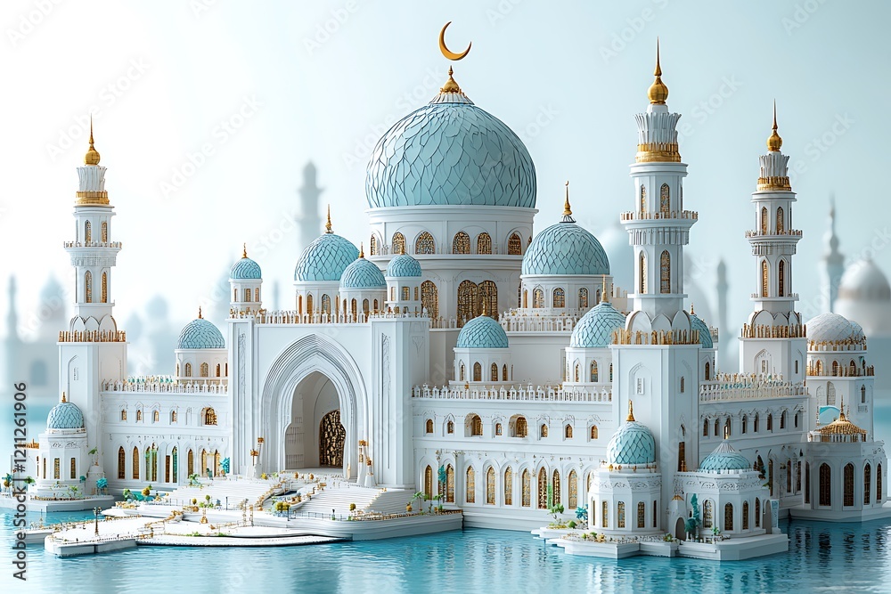 Fototapeta premium Islamic decoration background for Ramadan with lantern and mosque 3D rendering. 3D Illustration