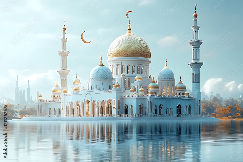 Obraz premium Islamic decoration background for Ramadan with lantern and mosque 3D rendering. 3D Illustration