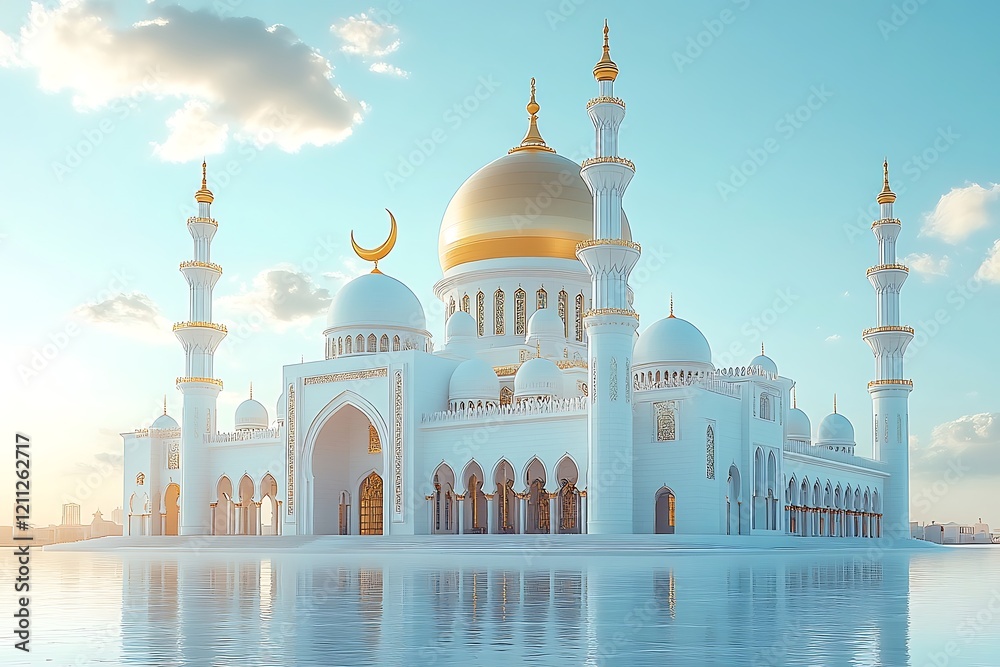 Obraz premium Islamic decoration background for Ramadan with lantern and mosque 3D rendering. 3D Illustration
