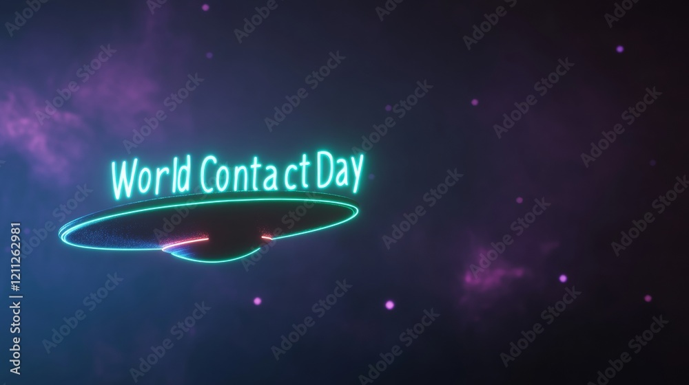 Neon Galactic Aesthetic World Contact Day UFO with Stellar Glow - Spring Sci-Fi Event Design for Modern Business Marketing and Space-Themed Innovations Neon Galactic Aesthetic World Contact Day UFO with Stellar Glow - Spring Sci-Fi Event Design for Modern Business Marketing and Space-Themed Innovations
