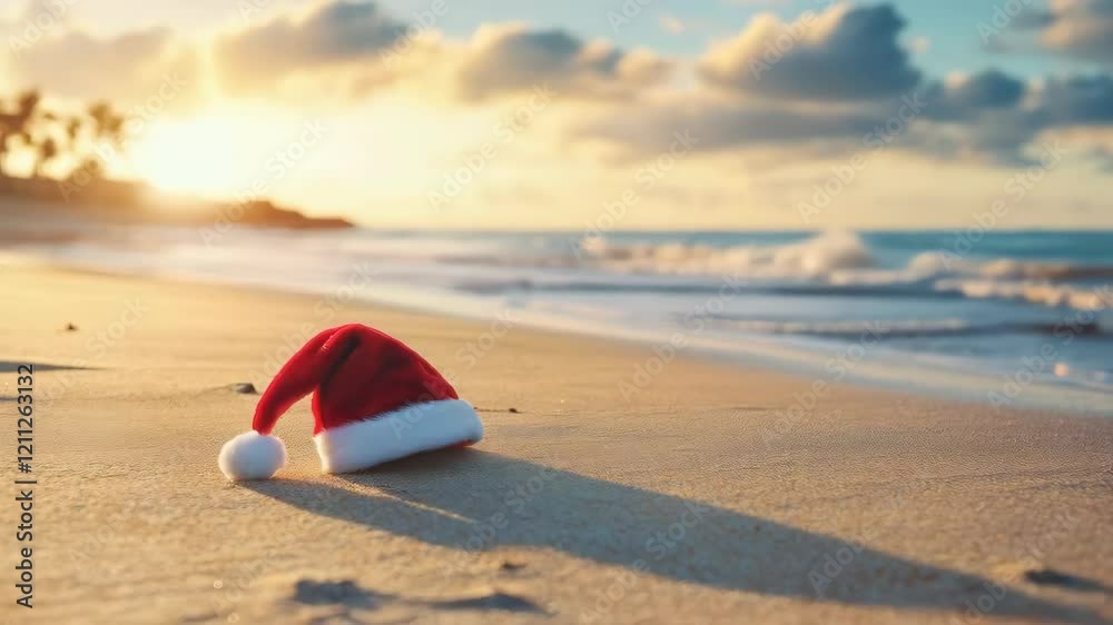 Santa hat washed ashore on tropical beach at sunrise Santa hat washed ashore on tropical beach at sunrise