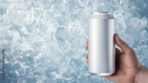A hand holds a silver can against a backdrop of ice, evoking a refreshing beverage experience perfect for warm days.