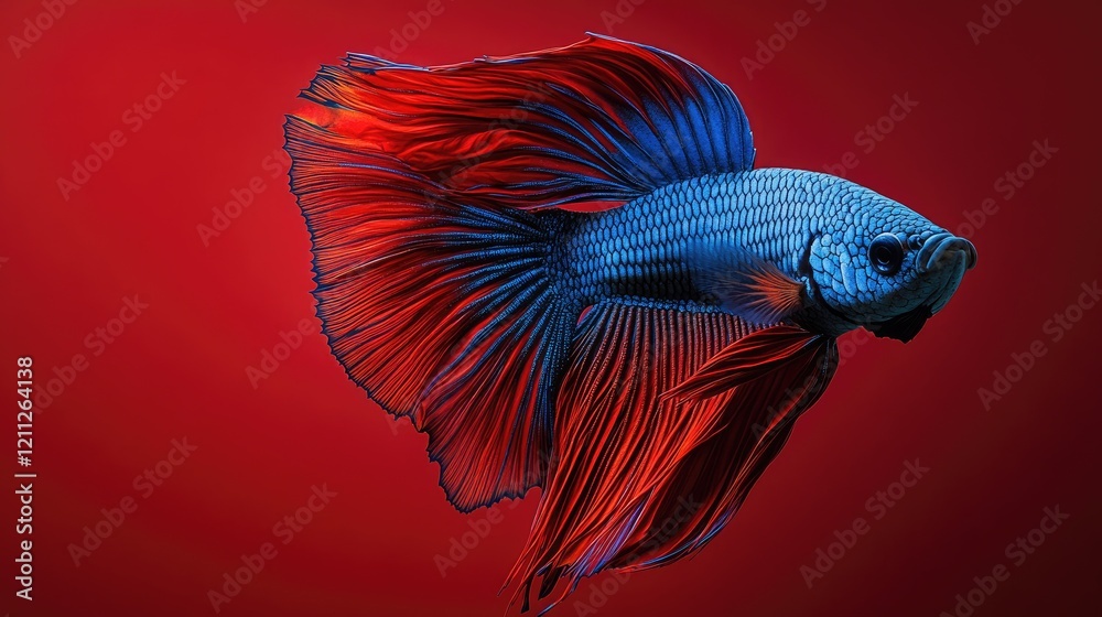 Fototapeta premium Vibrant betta fish swimming against a bold red background