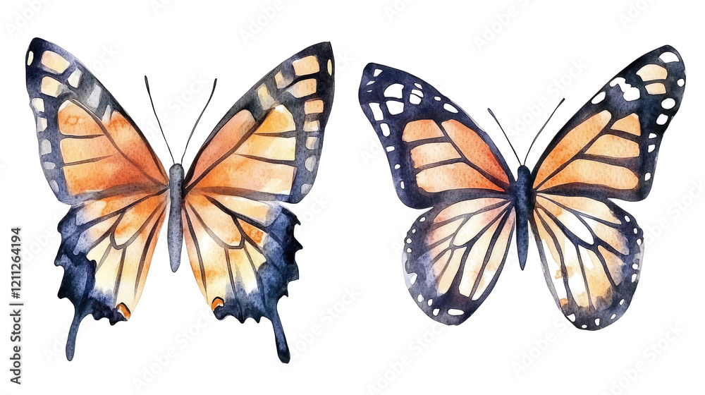 Fototapeta premium Monarch Butterflies Painted in Watercolor Style Generative AI