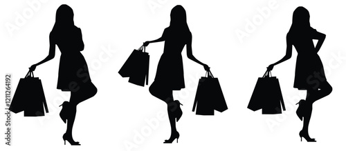 silhouettes of various female models shopping, carrying shopping bags, logo, vector illustration on white background.