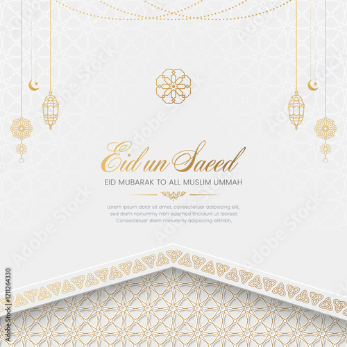 Eid Mubarak Arabic Islamic Elegant White and Golden Ornamental Background with Islamic Pattern and Decorative Border Frame