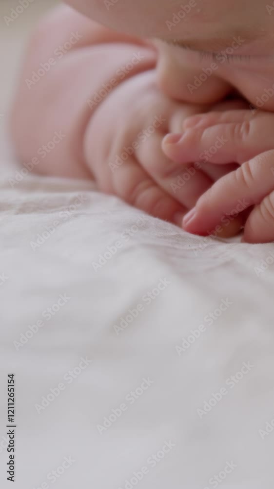 Close-up details of a naked baby lying on the floor and lifting his head slightly. The baby tries to put his hands in his mouth.Healthy and active baby in a good mood.Newborn with smooth and fair skin Close-up details of a naked baby lying on the floor and lifting his head slightly. The baby tries to put his hands in his mouth.Healthy and active baby in a good mood.Newborn with smooth and fair skin